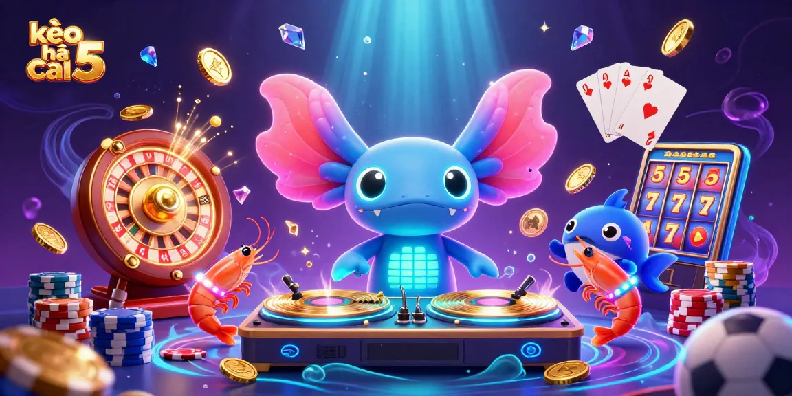 Engage with kèo nhà cái 5 as a neon-colored axolotl DJ spins records amidst vibrant casino elements