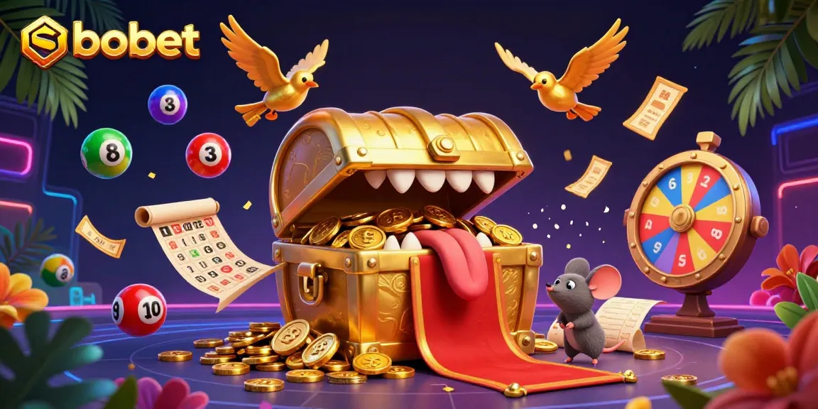 Engaging illustration showcasing sbobet with dynamic lottery elements, vibrant colors, and a treasure chest theme.