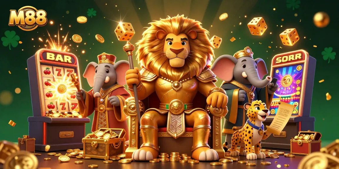 M88 online casino scene featuring a royal lion and advisors surrounded by vibrant jackpot elements and golden treasures