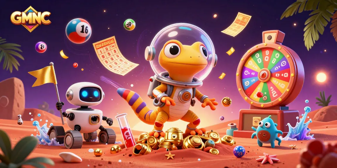 GMNC promotes responsible gambling with dynamic lottery elements in a Martian-themed scene.