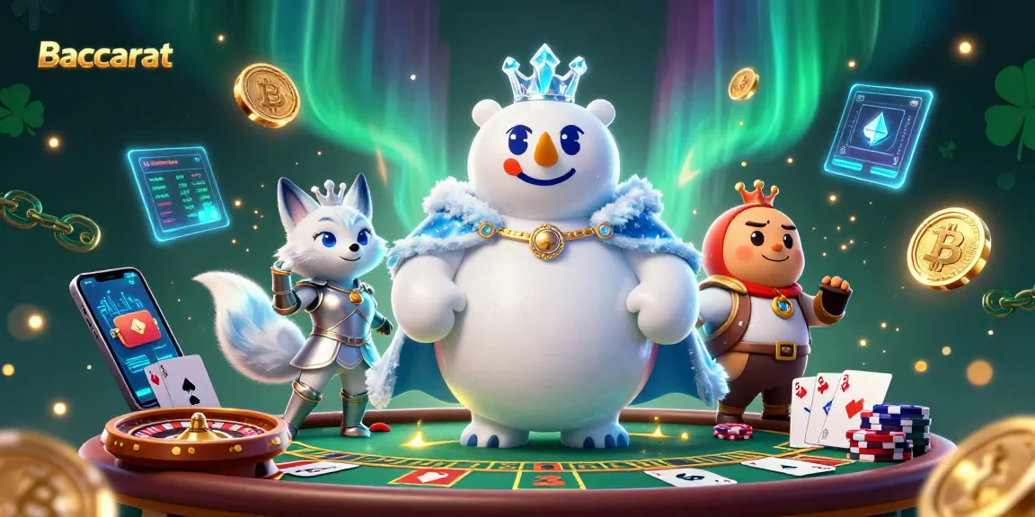 Baccarat table scene featuring a cartoon polar bear king and a silver-armored fox, surrounded by casino elements.