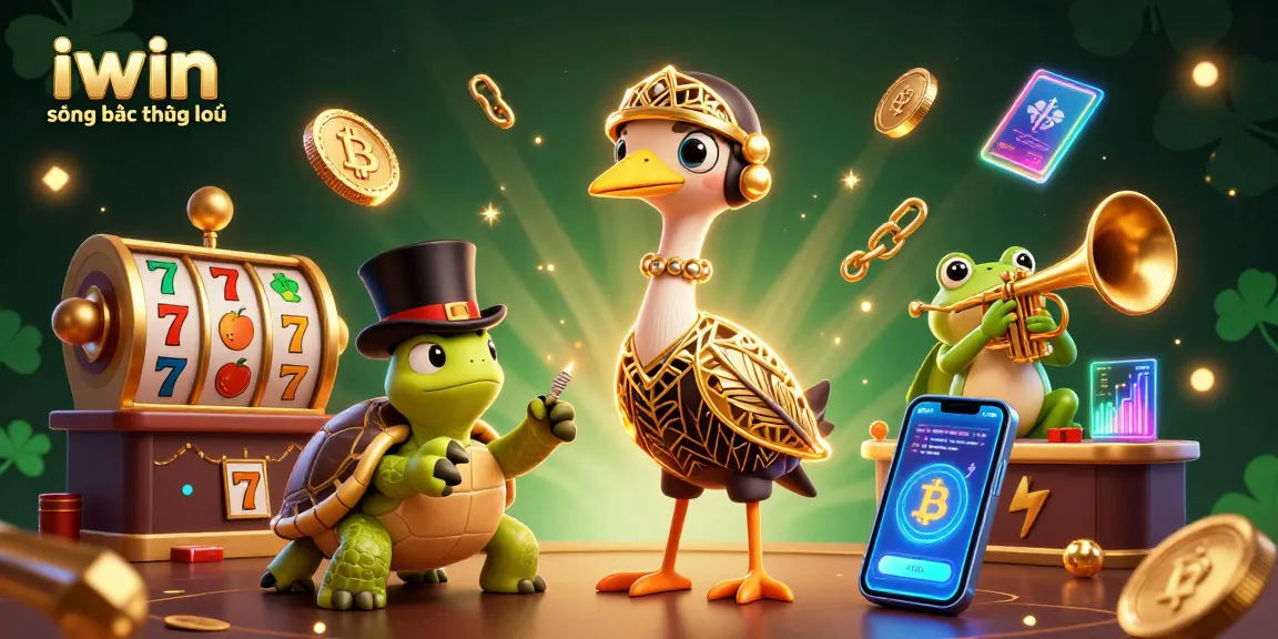 Engage with the iwin sòng bạc thượng lưu experience amidst vibrant casino elements and cartoon characters.