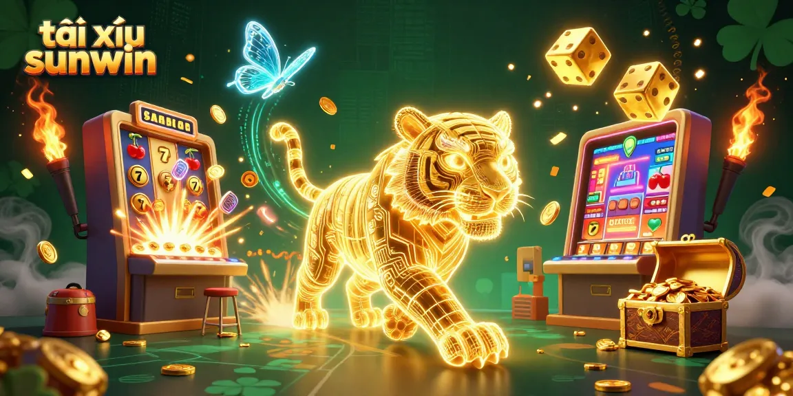 Tài xỉu sunwin interactive scene with a golden tiger and dynamic casino elements celebrating a jackpot win.