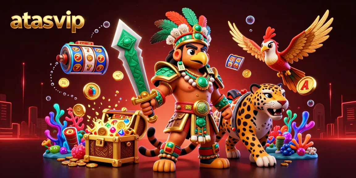 Experience the excitement of atasvip with an action-packed 3D casino illustration featuring vibrant characters and gaming elements.
